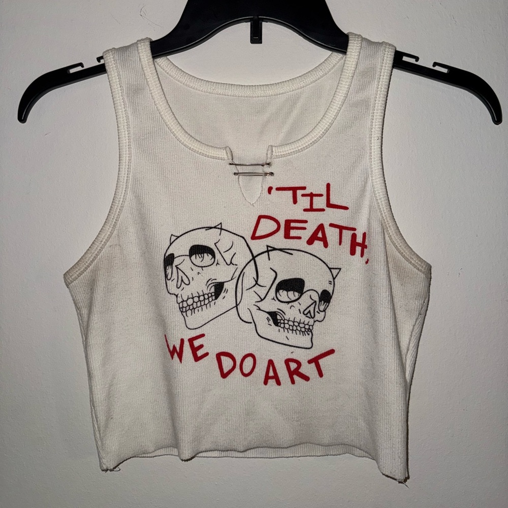 White Tank Top with Skull Graphic til death we do art
